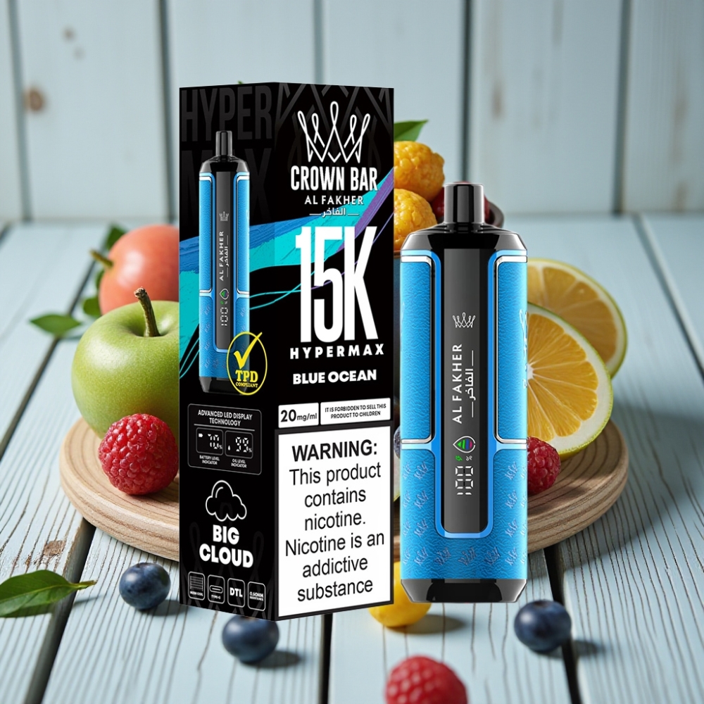 Al Fakher Crown Bar 15K Hypermax Tek Kullanımlık Vape Kit Mavi Okyanus – 22ml 15K Puf 600mAh