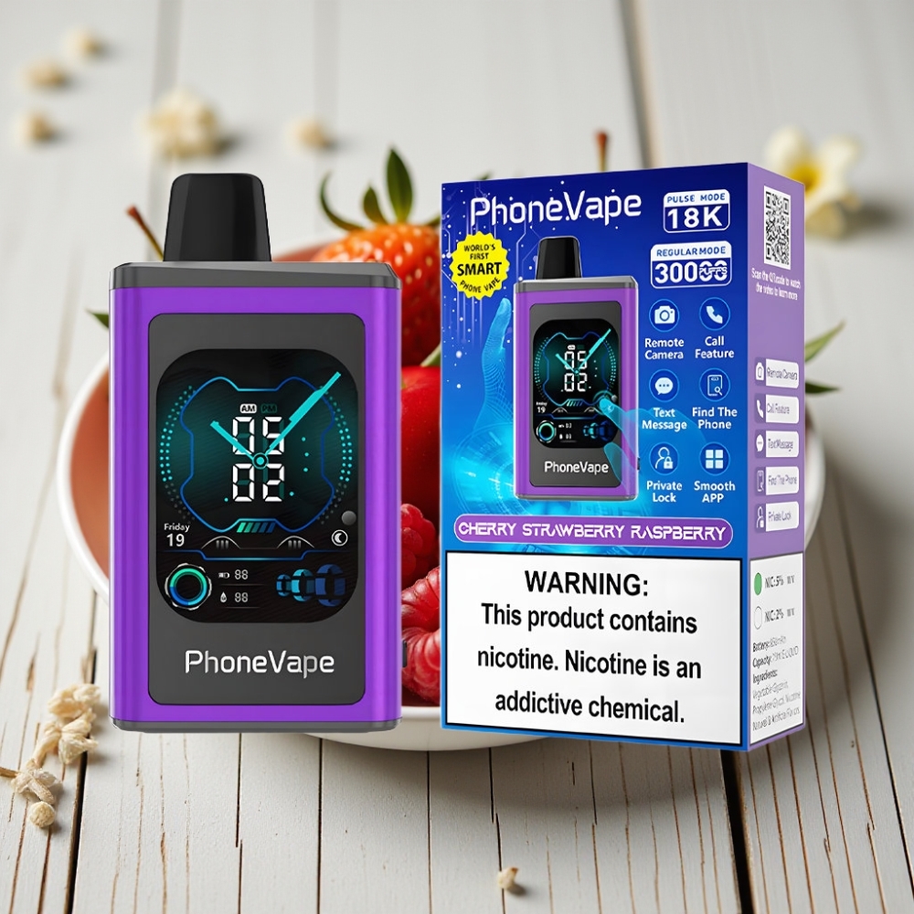 JNR PhoneVape 30000 puffs Tek Kullanımlık Vape Kiraz Çilek Ahududu 850mAh Turbo Mod Tam Ekran