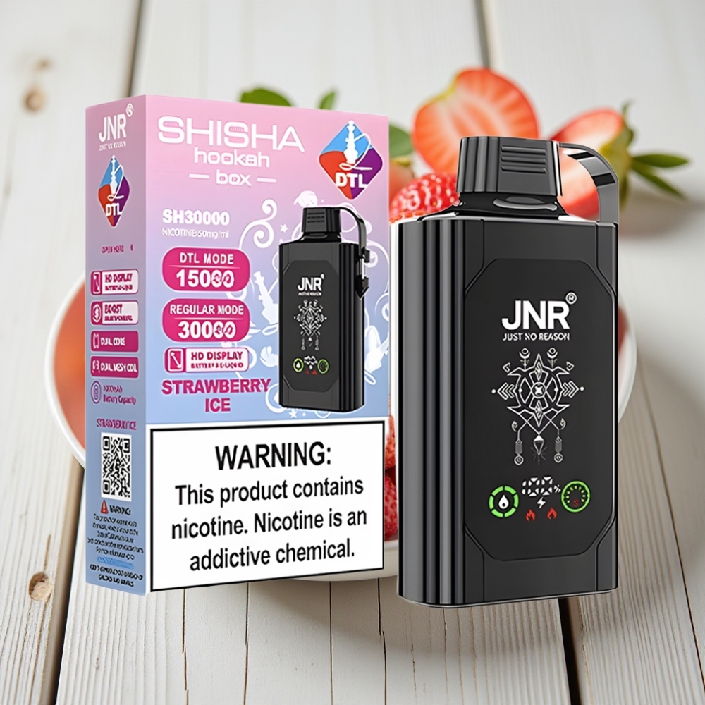 JNR Shisha Hookah Box 20500 Puffs Çilek Buz - HD Ekran 25ml Çift Mesh Bobin