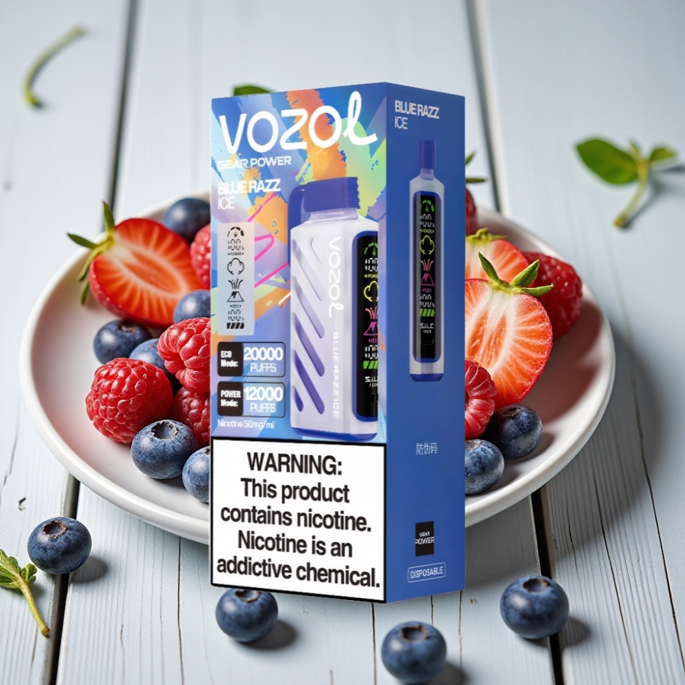 VOZOL Gear Power 20000 Puffs Mavi Ahududu Buz - 20mL 5 Nikotin Dual Mesh Coil Full Ekran
