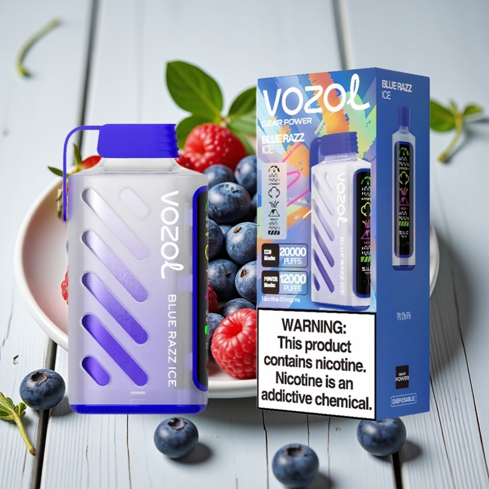VOZOL Gear Power 20000 Puffs Mavi Ahududu Buz - 20mL 5 Nikotin Dual Mesh Coil Full Ekran