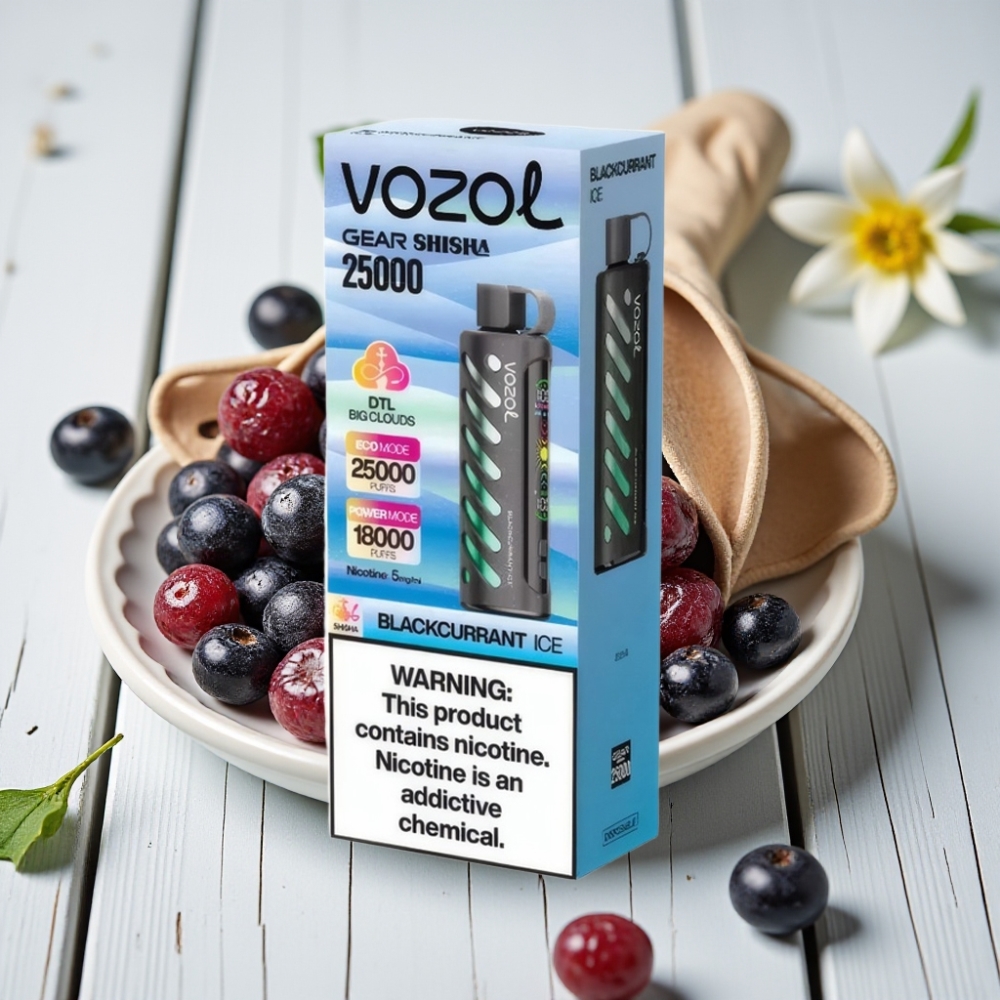 VOZOL Gear Shisha 25000 Puffs Çift Mesh Modlu Siyah Frenk Üzümü Buz Aromalı 1000mAh 5mg/ml