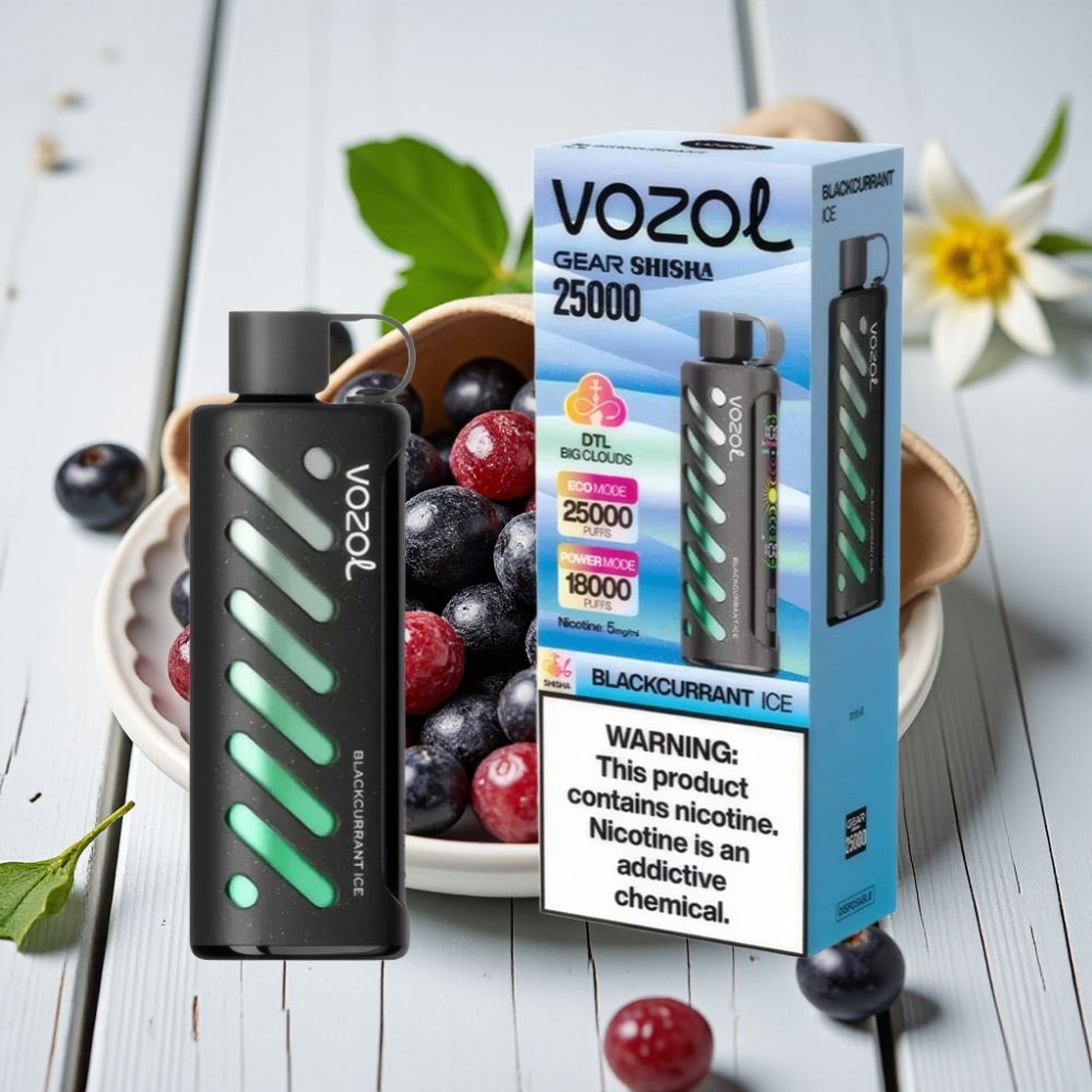 VOZOL Gear Shisha 25000 Puffs Çift Mesh Modlu Siyah Frenk Üzümü Buz Aromalı 1000mAh 5mg/ml
