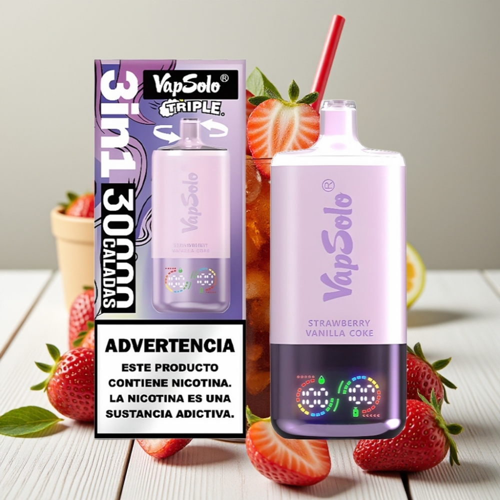 VapSolo Triple 30000 Puffs Çilek Vanilya Kola - 40ml 3 Tank Type-C