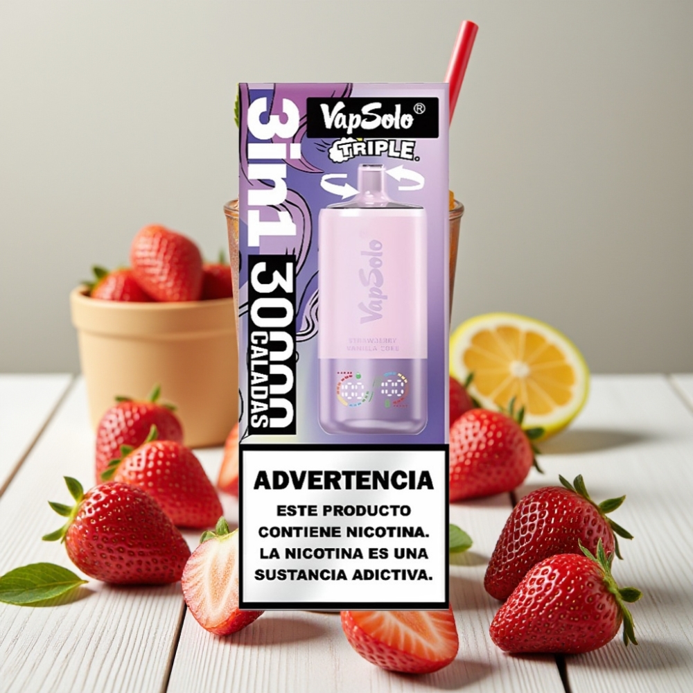 VapSolo Triple 30000 Puffs Çilek Vanilya Kola - 40ml 3 Tank Type-C