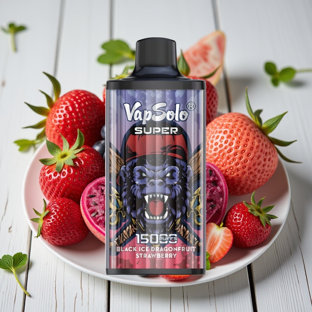Vapsolo Super 15000 Puffs Tek Kullanımlık Vape Siyah Buz Ejder Meyvesi Çilek - 40ml 850mAh Type-C